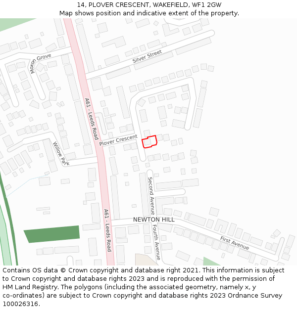 14, PLOVER CRESCENT, WAKEFIELD, WF1 2GW: Location map and indicative extent of plot