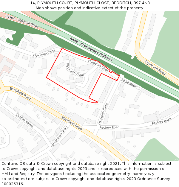 14, PLYMOUTH COURT, PLYMOUTH CLOSE, REDDITCH, B97 4NR: Location map and indicative extent of plot