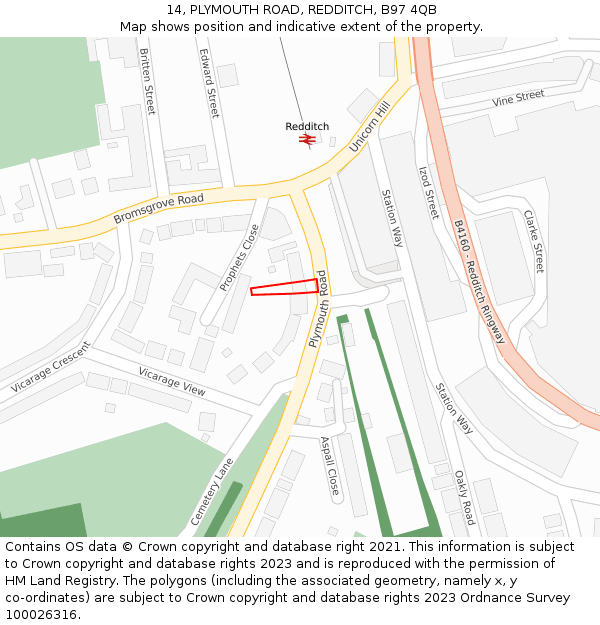 14, PLYMOUTH ROAD, REDDITCH, B97 4QB: Location map and indicative extent of plot