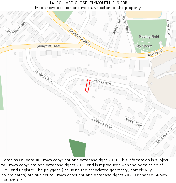 14, POLLARD CLOSE, PLYMOUTH, PL9 9RR: Location map and indicative extent of plot