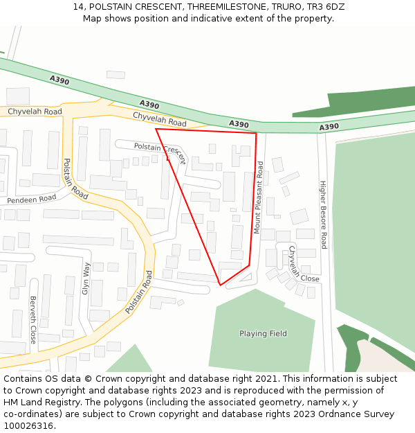 14, POLSTAIN CRESCENT, THREEMILESTONE, TRURO, TR3 6DZ: Location map and indicative extent of plot