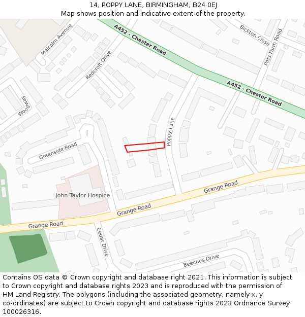 14, POPPY LANE, BIRMINGHAM, B24 0EJ: Location map and indicative extent of plot