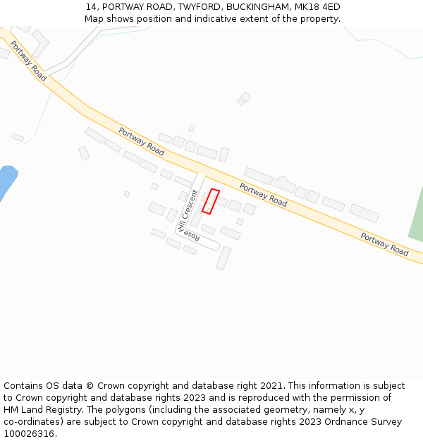 14, PORTWAY ROAD, TWYFORD, BUCKINGHAM, MK18 4ED: Location map and indicative extent of plot