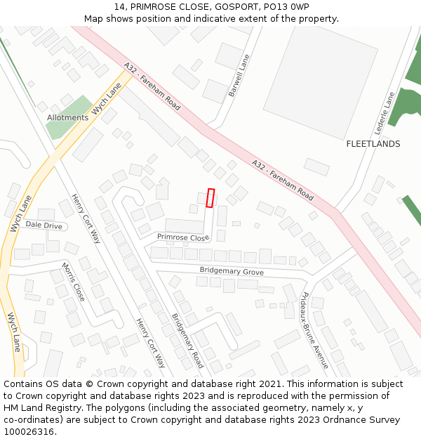 14, PRIMROSE CLOSE, GOSPORT, PO13 0WP: Location map and indicative extent of plot