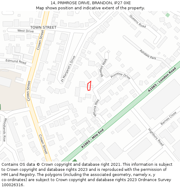 14, PRIMROSE DRIVE, BRANDON, IP27 0XE: Location map and indicative extent of plot