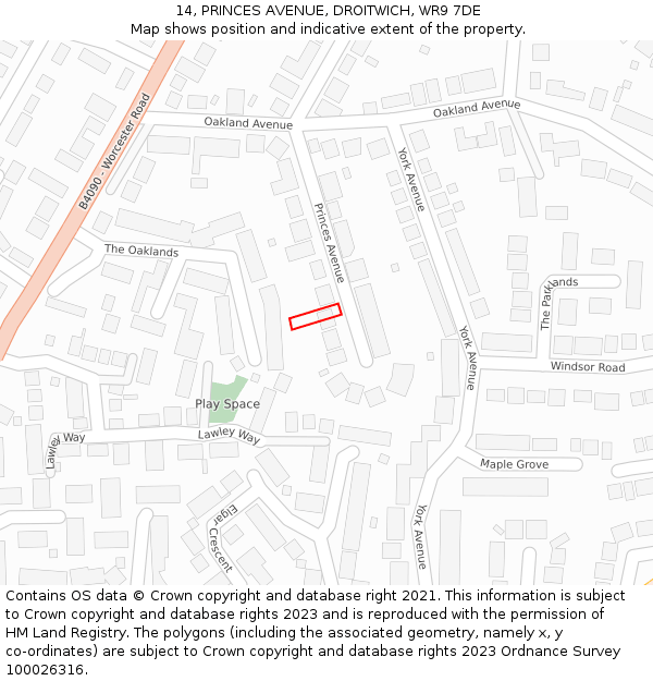 14, PRINCES AVENUE, DROITWICH, WR9 7DE: Location map and indicative extent of plot