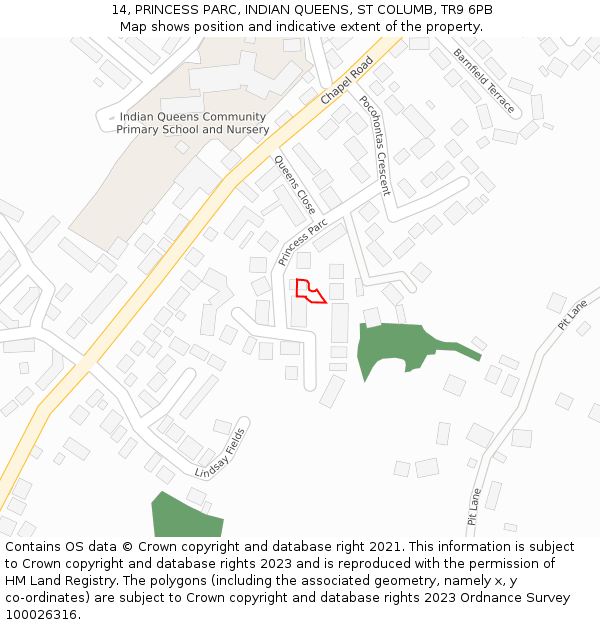 14, PRINCESS PARC, INDIAN QUEENS, ST COLUMB, TR9 6PB: Location map and indicative extent of plot
