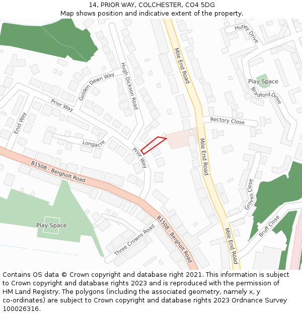 14, PRIOR WAY, COLCHESTER, CO4 5DG: Location map and indicative extent of plot