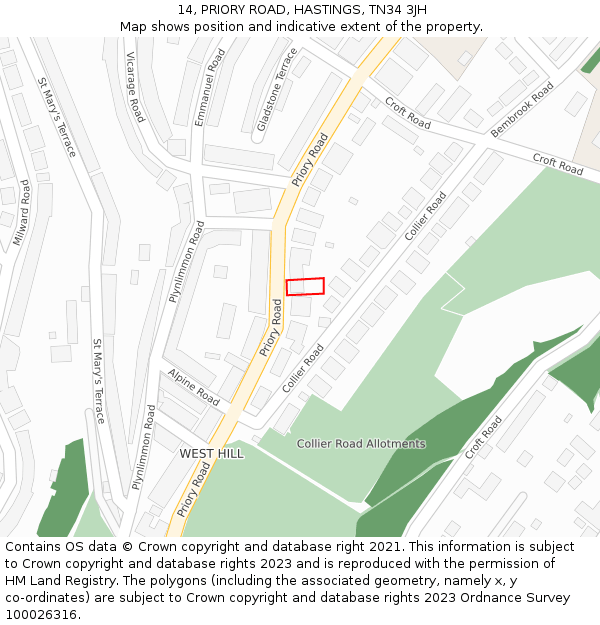 14, PRIORY ROAD, HASTINGS, TN34 3JH: Location map and indicative extent of plot