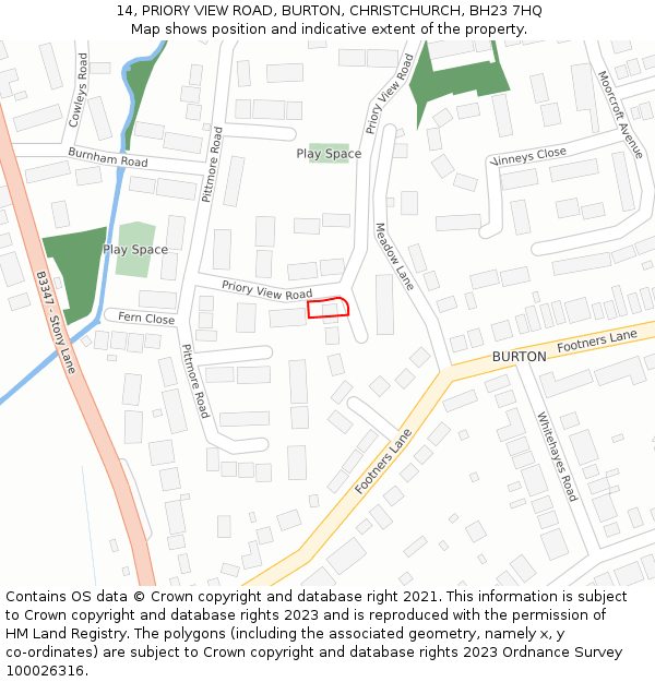 14, PRIORY VIEW ROAD, BURTON, CHRISTCHURCH, BH23 7HQ: Location map and indicative extent of plot