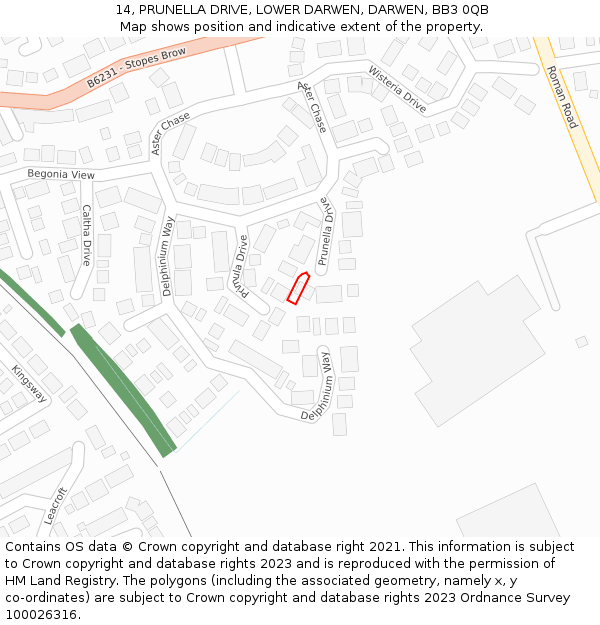 14, PRUNELLA DRIVE, LOWER DARWEN, DARWEN, BB3 0QB: Location map and indicative extent of plot