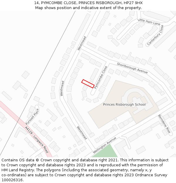 14, PYMCOMBE CLOSE, PRINCES RISBOROUGH, HP27 9HX: Location map and indicative extent of plot