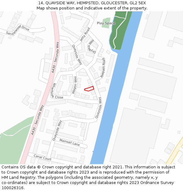 14, QUAYSIDE WAY, HEMPSTED, GLOUCESTER, GL2 5EX: Location map and indicative extent of plot