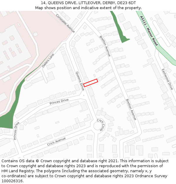 14, QUEENS DRIVE, LITTLEOVER, DERBY, DE23 6DT: Location map and indicative extent of plot