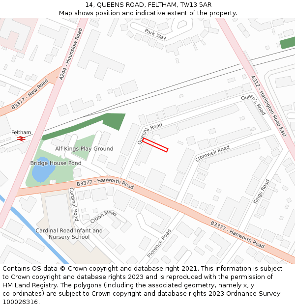 14, QUEENS ROAD, FELTHAM, TW13 5AR: Location map and indicative extent of plot