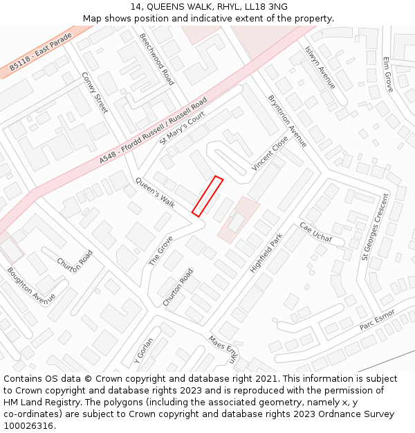 14, QUEENS WALK, RHYL, LL18 3NG: Location map and indicative extent of plot