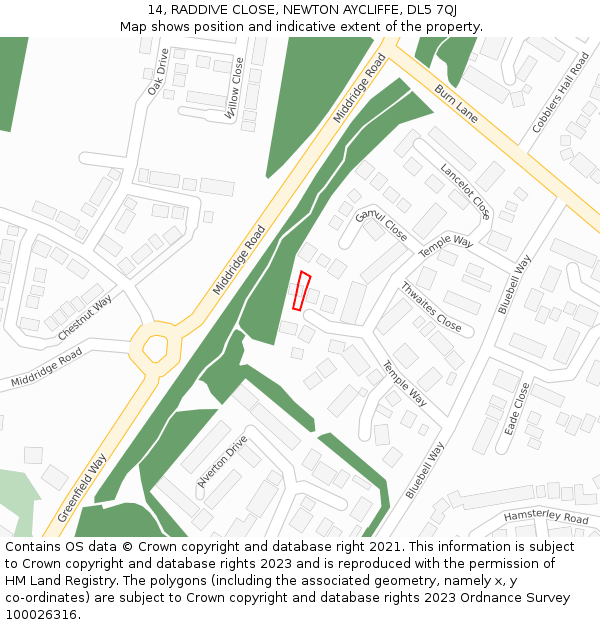 14, RADDIVE CLOSE, NEWTON AYCLIFFE, DL5 7QJ: Location map and indicative extent of plot