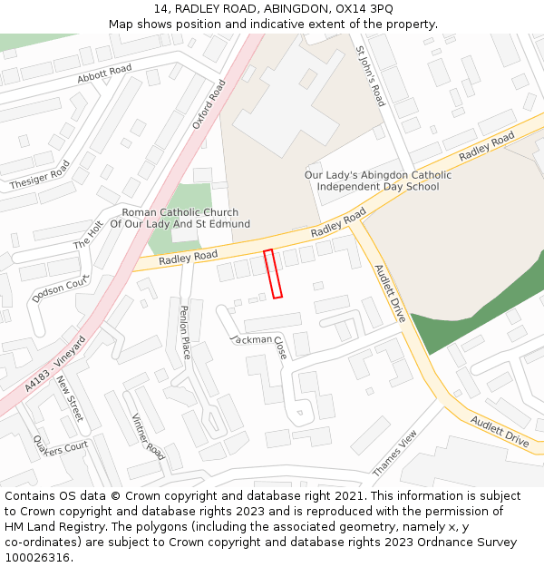 14, RADLEY ROAD, ABINGDON, OX14 3PQ: Location map and indicative extent of plot