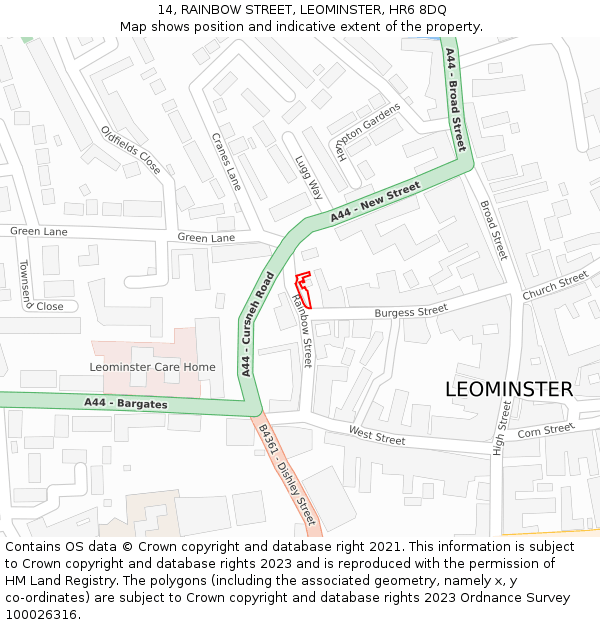 14, RAINBOW STREET, LEOMINSTER, HR6 8DQ: Location map and indicative extent of plot