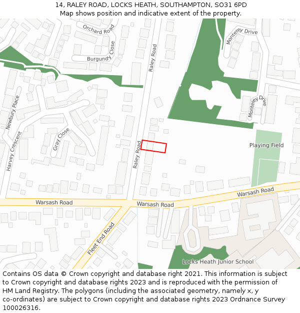 14, RALEY ROAD, LOCKS HEATH, SOUTHAMPTON, SO31 6PD: Location map and indicative extent of plot
