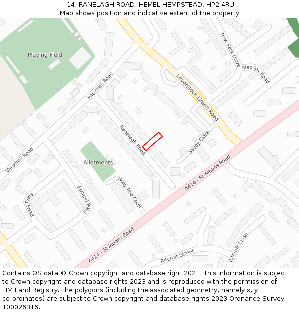 14, RANELAGH ROAD, HEMEL HEMPSTEAD, HP2 4RU: Location map and indicative extent of plot