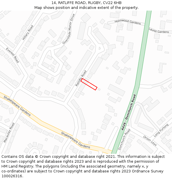 14, RATLIFFE ROAD, RUGBY, CV22 6HB: Location map and indicative extent of plot