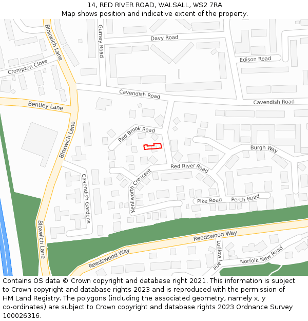 14, RED RIVER ROAD, WALSALL, WS2 7RA: Location map and indicative extent of plot