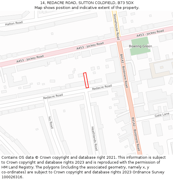 14, REDACRE ROAD, SUTTON COLDFIELD, B73 5DX: Location map and indicative extent of plot