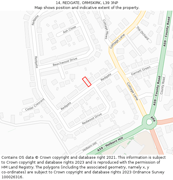 14, REDGATE, ORMSKIRK, L39 3NP: Location map and indicative extent of plot