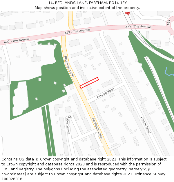 14, REDLANDS LANE, FAREHAM, PO14 1EY: Location map and indicative extent of plot