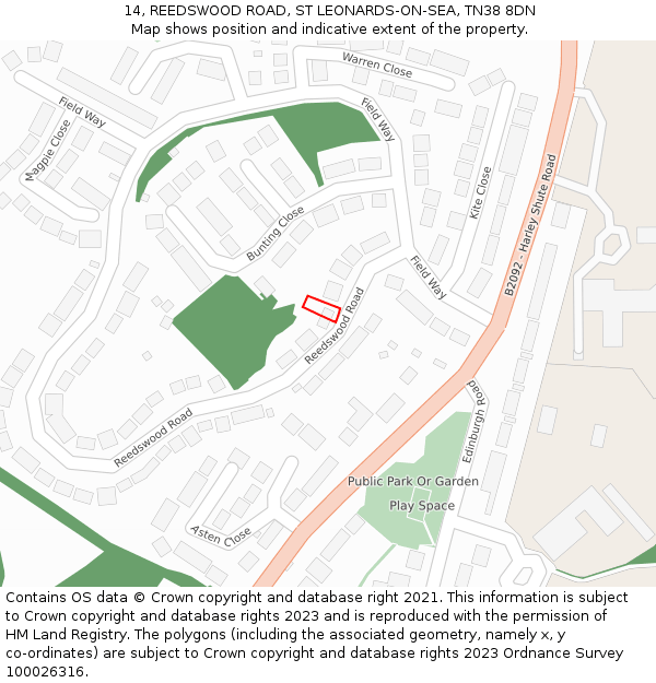 14, REEDSWOOD ROAD, ST LEONARDS-ON-SEA, TN38 8DN: Location map and indicative extent of plot