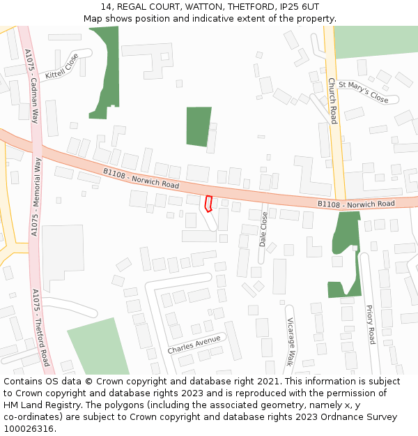 14, REGAL COURT, WATTON, THETFORD, IP25 6UT: Location map and indicative extent of plot