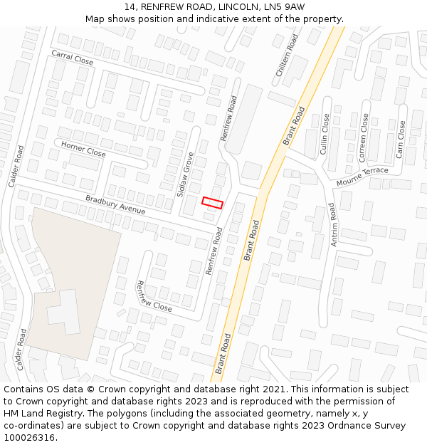 14, RENFREW ROAD, LINCOLN, LN5 9AW: Location map and indicative extent of plot