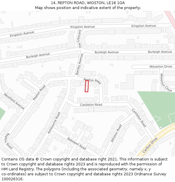 14, REPTON ROAD, WIGSTON, LE18 1GA: Location map and indicative extent of plot