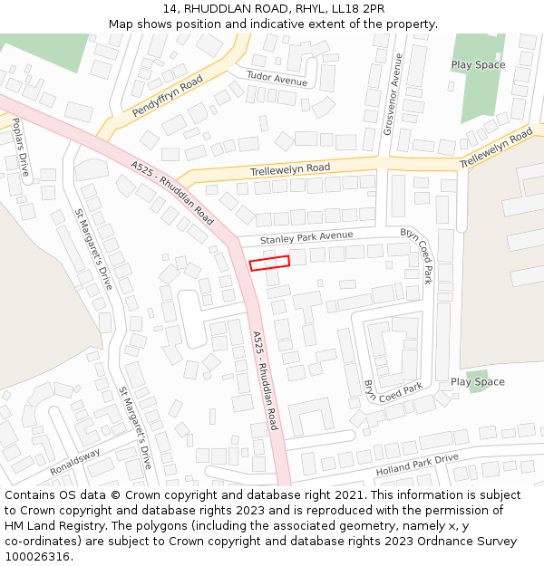 14, RHUDDLAN ROAD, RHYL, LL18 2PR: Location map and indicative extent of plot