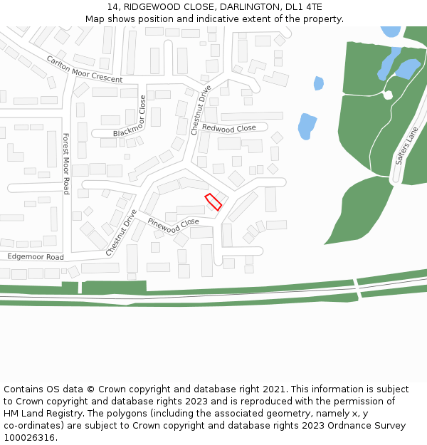 14, RIDGEWOOD CLOSE, DARLINGTON, DL1 4TE: Location map and indicative extent of plot