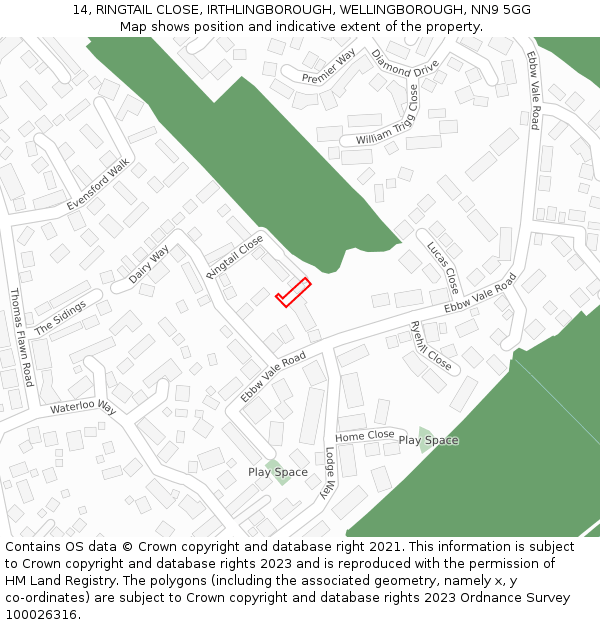14, RINGTAIL CLOSE, IRTHLINGBOROUGH, WELLINGBOROUGH, NN9 5GG: Location map and indicative extent of plot