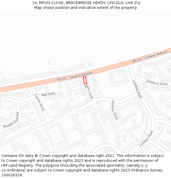 14, RIPON CLOSE, BRACEBRIDGE HEATH, LINCOLN, LN4 2UJ: Location map and indicative extent of plot