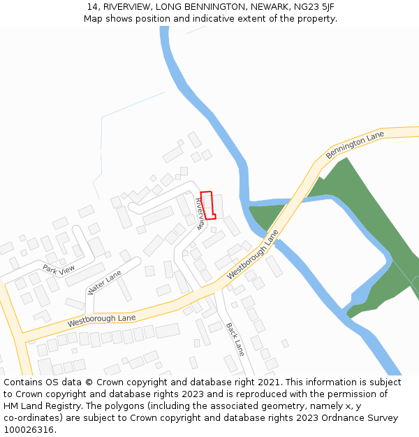 14, RIVERVIEW, LONG BENNINGTON, NEWARK, NG23 5JF: Location map and indicative extent of plot