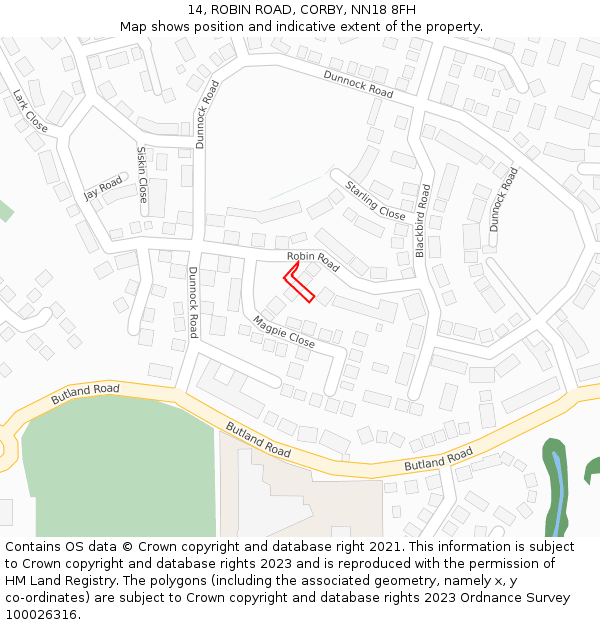 14, ROBIN ROAD, CORBY, NN18 8FH: Location map and indicative extent of plot