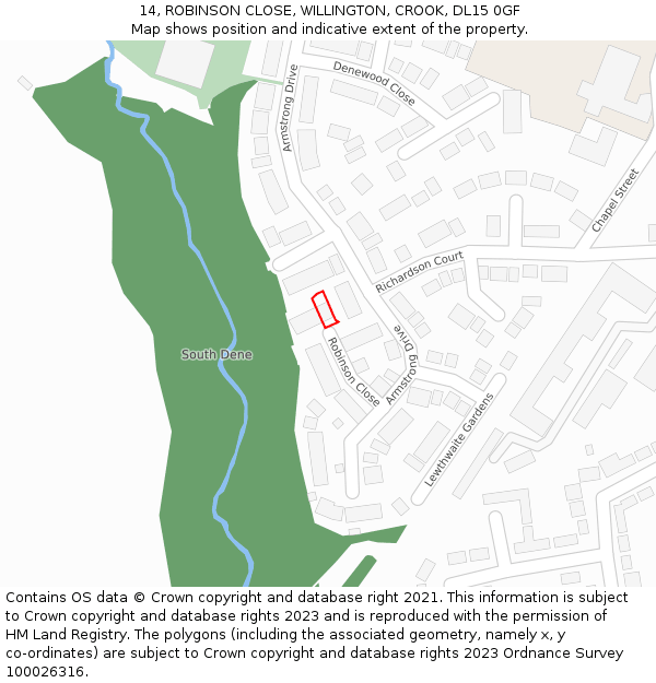 14, ROBINSON CLOSE, WILLINGTON, CROOK, DL15 0GF: Location map and indicative extent of plot