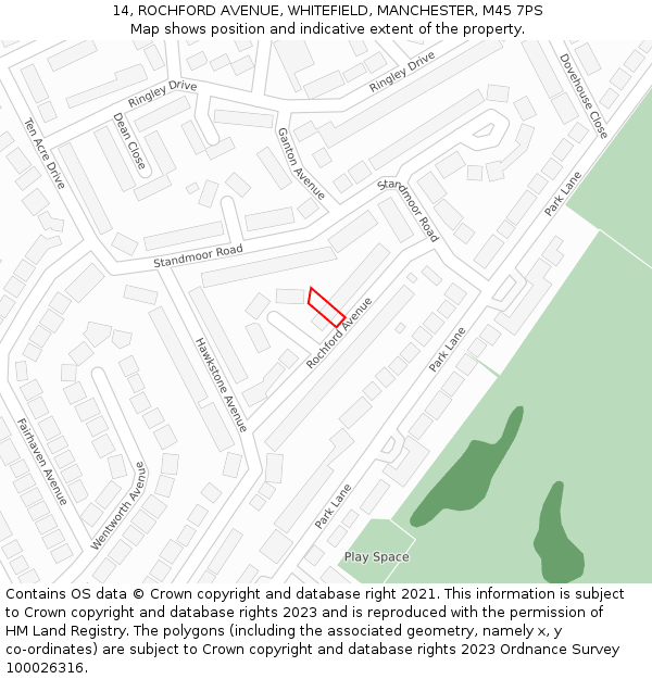 14, ROCHFORD AVENUE, WHITEFIELD, MANCHESTER, M45 7PS: Location map and indicative extent of plot