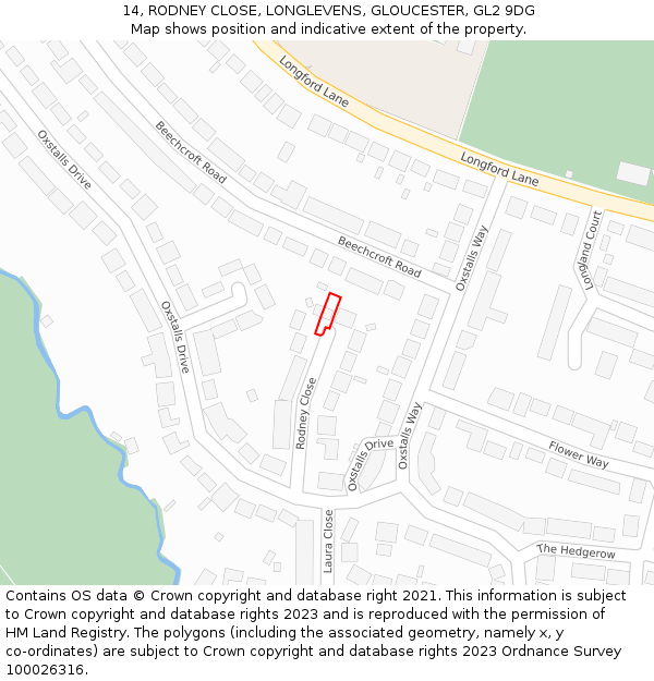 14, RODNEY CLOSE, LONGLEVENS, GLOUCESTER, GL2 9DG: Location map and indicative extent of plot