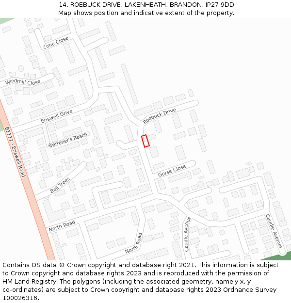 14, ROEBUCK DRIVE, LAKENHEATH, BRANDON, IP27 9DD: Location map and indicative extent of plot