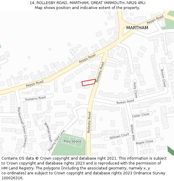 14, ROLLESBY ROAD, MARTHAM, GREAT YARMOUTH, NR29 4RU: Location map and indicative extent of plot