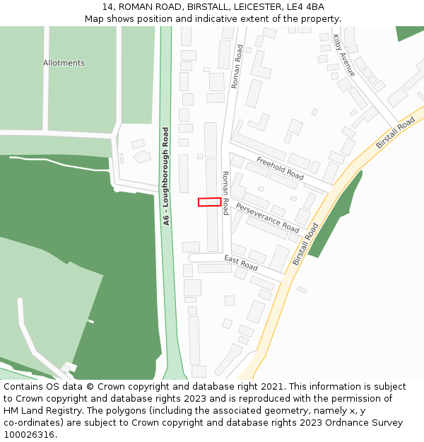 14, ROMAN ROAD, BIRSTALL, LEICESTER, LE4 4BA: Location map and indicative extent of plot