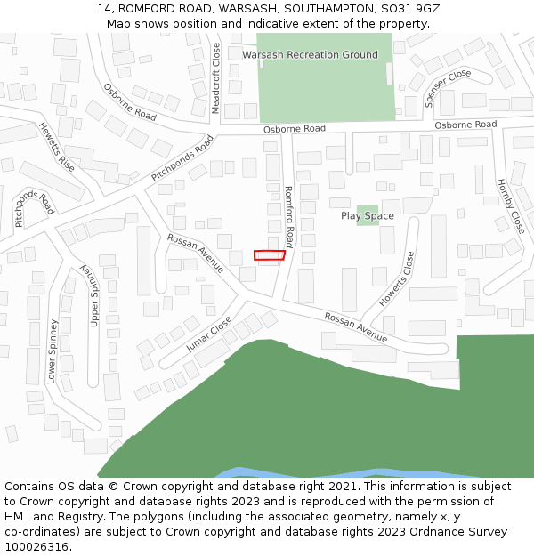 14, ROMFORD ROAD, WARSASH, SOUTHAMPTON, SO31 9GZ: Location map and indicative extent of plot