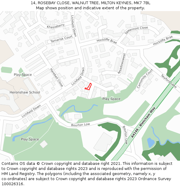 14, ROSEBAY CLOSE, WALNUT TREE, MILTON KEYNES, MK7 7BL: Location map and indicative extent of plot