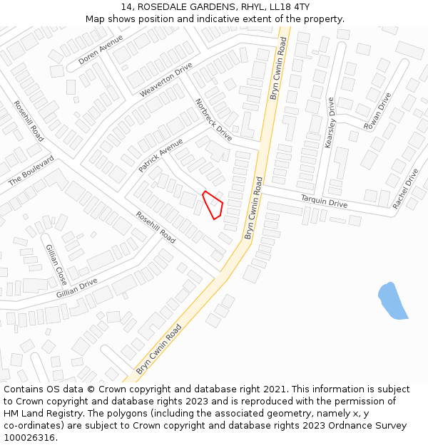 14, ROSEDALE GARDENS, RHYL, LL18 4TY: Location map and indicative extent of plot