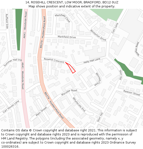 14, ROSEHILL CRESCENT, LOW MOOR, BRADFORD, BD12 0UZ: Location map and indicative extent of plot